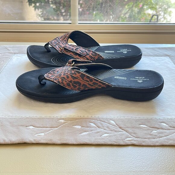 Clarks Cloudsteppers 6 Sandals Thong Animal Leopard Print Black Tan Brown - Picture 7 of 12